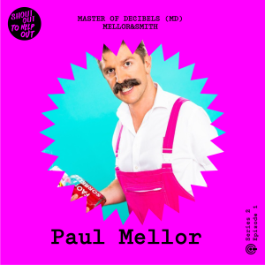 Master of Decibels, Paul Mellor on a bright pink background, framed in a star.